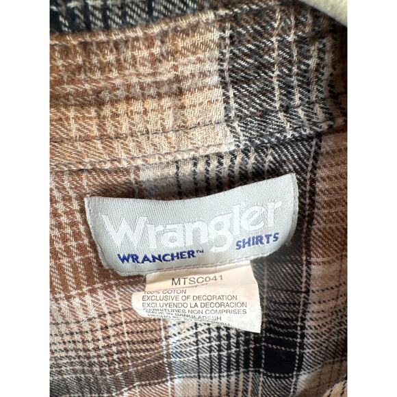 Wrangler Wrancher Flannel Pearl Snap Shirt Mens Brown Plaid Long Sleeve Large - Picture 3 of 4